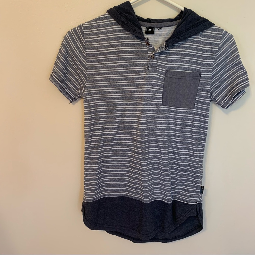 Boys blue and white hooded striped shirtSize 10-12